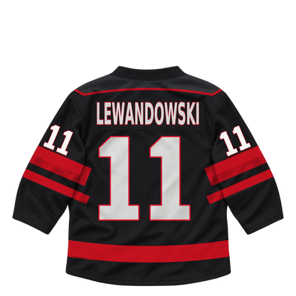 Niagara IceDogs jersey keychain — Carter Lewandowski #11 — Away Black. Exact saved player artwork preview.