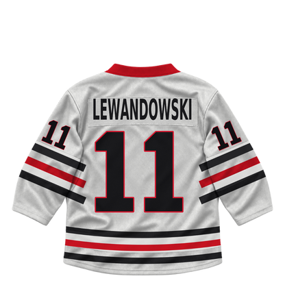 Niagara IceDogs jersey keychain — Carter Lewandowski #11 — Home White. Exact saved player artwork preview.