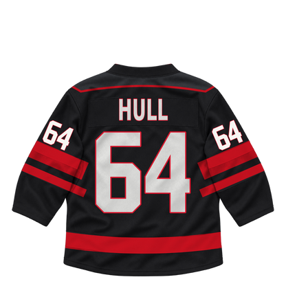 Niagara IceDogs jersey keychain — Chase Hull #64 — Away Black. Exact saved player artwork preview.