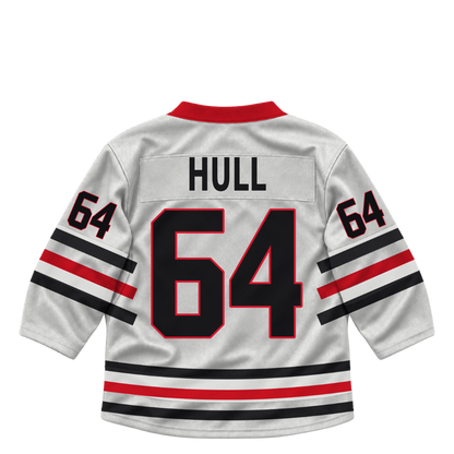 Niagara IceDogs jersey keychain — Chase Hull #64 — Home White. Exact saved player artwork preview.