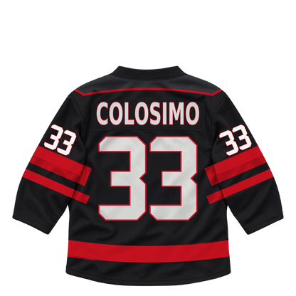 Niagara IceDogs jersey keychain — Christian Colosimo #33 — Away Black. Exact saved player artwork preview.