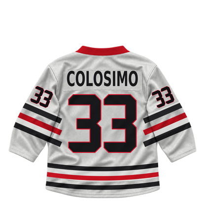 Niagara IceDogs jersey keychain — Christian Colosimo #33 — Home White. Exact saved player artwork preview.