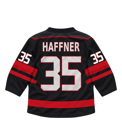 Niagara IceDogs jersey keychain — Connor Haffner #35 — Away Black. Exact saved player artwork preview.