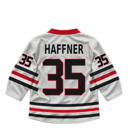 Niagara IceDogs jersey keychain — Connor Haffner #35 — Home White. Exact saved player artwork preview.