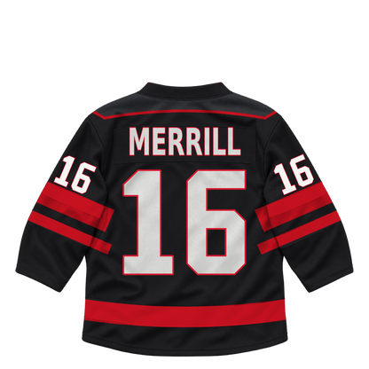Niagara IceDogs jersey keychain — Finn Merrill #16 — Away Black. Exact saved player artwork preview.
