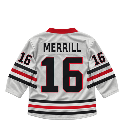 Niagara IceDogs jersey keychain — Finn Merrill #16 — Home White. Exact saved player artwork preview.