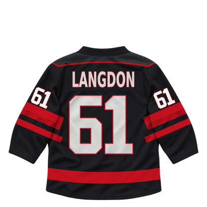 Niagara IceDogs jersey keychain — Jared Langdon #61 — Away Black. Exact saved player artwork preview.