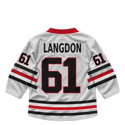 Niagara IceDogs jersey keychain — Jared Langdon #61 — Home White. Exact saved player artwork preview.