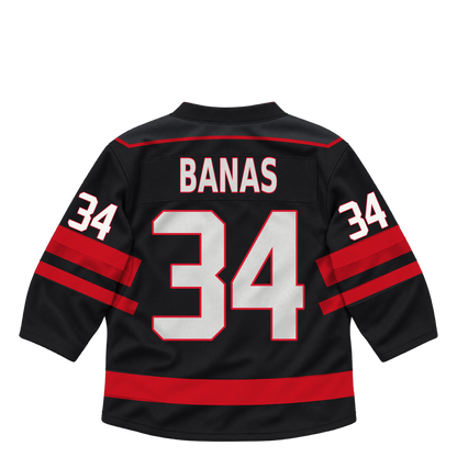 Niagara IceDogs jersey keychain — Joey Banas #34 — Away Black. Exact saved player artwork preview.