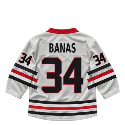 Niagara IceDogs jersey keychain — Joey Banas #34 — Home White. Exact saved player artwork preview.