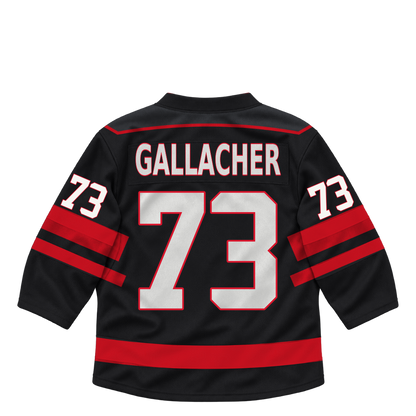 Niagara IceDogs jersey keychain — Layne Gallacher #73 — Away Black. Exact saved player artwork preview.