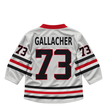 Niagara IceDogs jersey keychain — Layne Gallacher #73 — Home White. Exact saved player artwork preview.