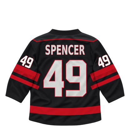 Niagara IceDogs jersey keychain — Liam Spencer #49 — Away Black. Exact saved player artwork preview.