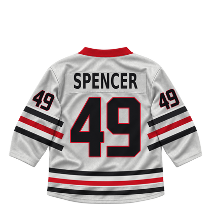 Niagara IceDogs jersey keychain — Liam Spencer #49 — Home White. Exact saved player artwork preview.