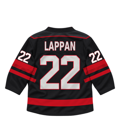 Niagara IceDogs jersey keychain — Max Lappan #22 — Away Black. Exact saved player artwork preview.