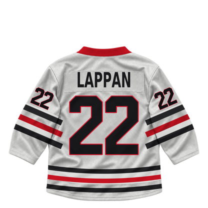 Niagara IceDogs jersey keychain — Max Lappan #22 — Home White. Exact saved player artwork preview.