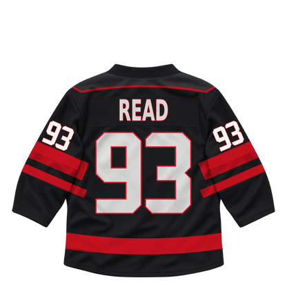 Niagara IceDogs jersey keychain — Noah Read #93 — Away Black. Exact saved player artwork preview.