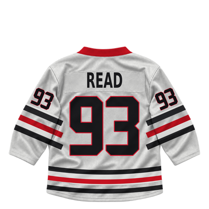 Niagara IceDogs jersey keychain — Noah Read #93 — Home White. Exact saved player artwork preview.