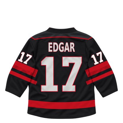 Niagara IceDogs jersey keychain — Ryerson Edgar #17 — Away Black. Exact saved player artwork preview.