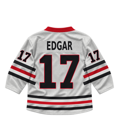 Niagara IceDogs jersey keychain — Ryerson Edgar #17 — Home White. Exact saved player artwork preview.