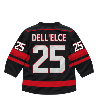 Niagara IceDogs jersey keychain — Sebastian Dell'Elce #25 — Away Black. Exact saved player artwork preview.