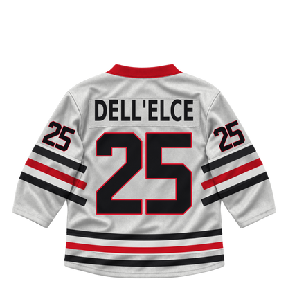 Niagara IceDogs jersey keychain — Sebastian Dell'Elce #25 — Home White. Exact saved player artwork preview.