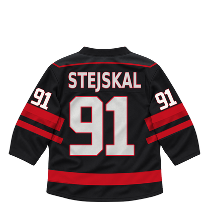 Niagara IceDogs jersey keychain — Stepan Stejskal #91 — Away Black. Exact saved player artwork preview.
