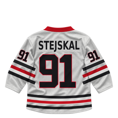 Niagara IceDogs jersey keychain — Stepan Stejskal #91 — Home White. Exact saved player artwork preview.