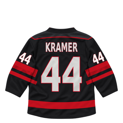 Niagara IceDogs jersey keychain — Tobias Kramer #44 — Away Black. Exact saved player artwork preview.