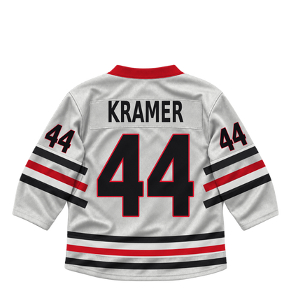 Niagara IceDogs jersey keychain — Tobias Kramer #44 — Home White. Exact saved player artwork preview.