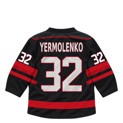 Niagara IceDogs jersey keychain — Vladislav Yermolenko #32 — Away Black. Exact saved player artwork preview.