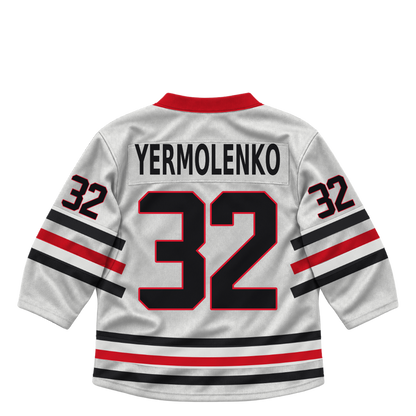 Niagara IceDogs jersey keychain — Vladislav Yermolenko #32 — Home White. Exact saved player artwork preview.