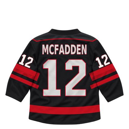 Niagara IceDogs jersey keychain — Wil McFadden #12 — Away Black. Exact saved player artwork preview.