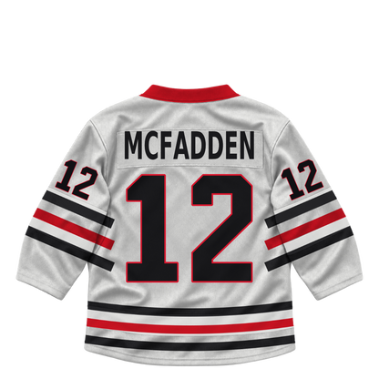 Niagara IceDogs jersey keychain — Wil McFadden #12 — Home White. Exact saved player artwork preview.