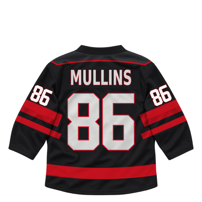 Niagara IceDogs jersey keychain — Will Mullins #86 — Away Black. Exact saved player artwork preview.