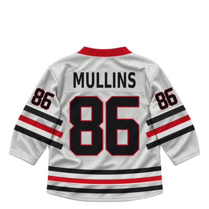 Niagara IceDogs jersey keychain — Will Mullins #86 — Home White. Exact saved player artwork preview.