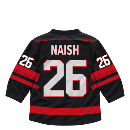 Niagara IceDogs jersey keychain — Zack Naish #26 — Away Black. Exact saved player artwork preview.