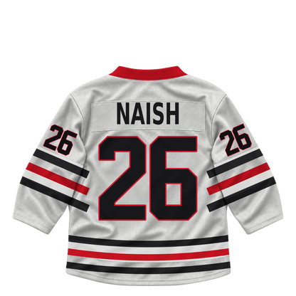Niagara IceDogs jersey keychain — Zack Naish #26 — Home White. Exact saved player artwork preview.