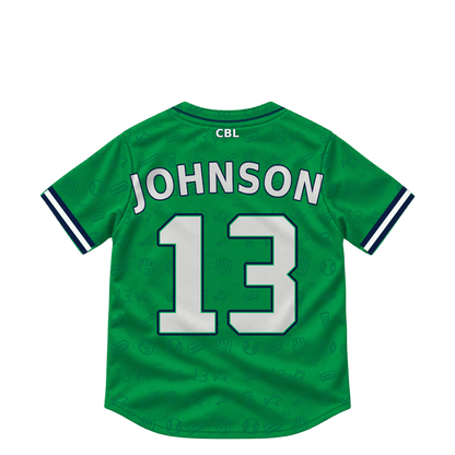 Welland Jackfish jersey keychain — Carson Johnson #13. Exact saved player artwork preview.