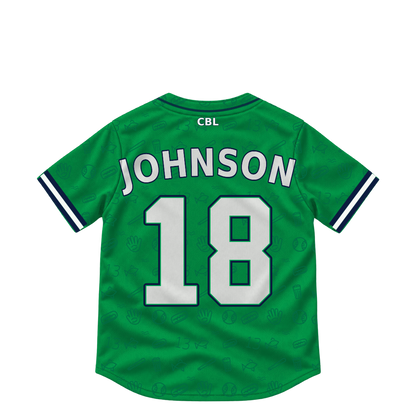 Welland Jackfish jersey keychain — Erik Johnson #18. Exact saved player artwork preview.