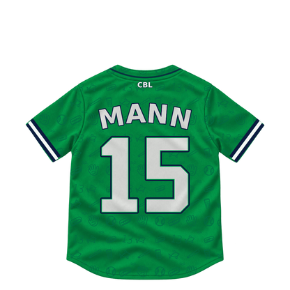 Welland Jackfish jersey keychain — Ethan Mann #15. Exact saved player artwork preview.