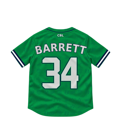 Welland Jackfish jersey keychain — Greyson Barrett #34. Exact saved player artwork preview.