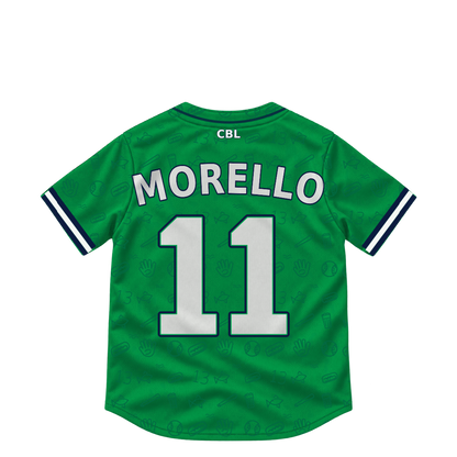 Welland Jackfish MORELLO #11 jersey keychain artwork preview. Jersey keychain design. Attachment hardware is supplied with the finished acrylic keychain.