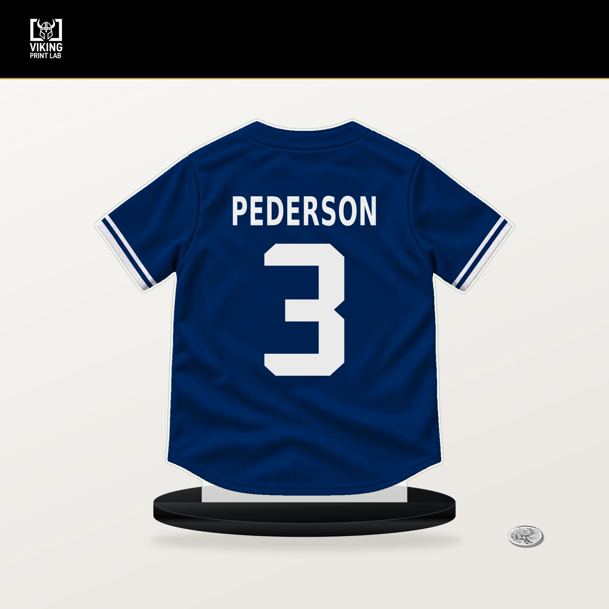 Joc Pederson number 3 Texas Rangers jersey stand with included black base.