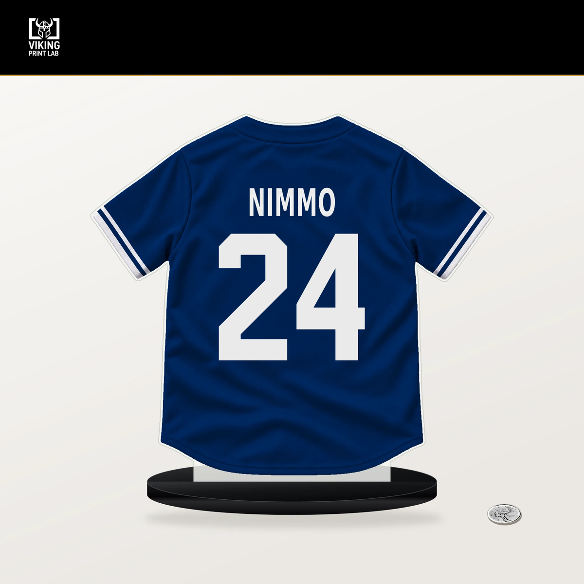 Brandon Nimmo number 24 Texas Rangers jersey stand with included black base.