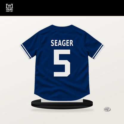 Corey Seager number 5 Texas Rangers jersey stand with included black base.