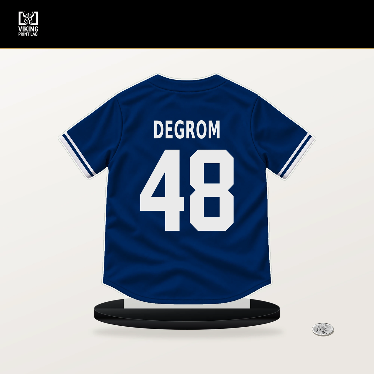 Jacob deGrom number 48 Texas Rangers jersey stand with included black base.