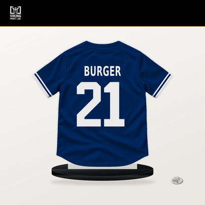 Jake Burger number 21 Texas Rangers jersey stand with included black base.