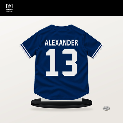 Tyler Alexander number 13 Texas Rangers jersey stand with included black base.