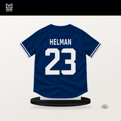 Michael Helman number 23 Texas Rangers jersey stand with included black base.